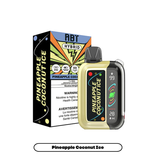 An ABT Hybrid Pineapple Coconut Ice disposable vape device sits in front of its matching black and yellow packaging, featuring a digital display showing a 99 percent battery level and 28 watts of power against a clean white background.