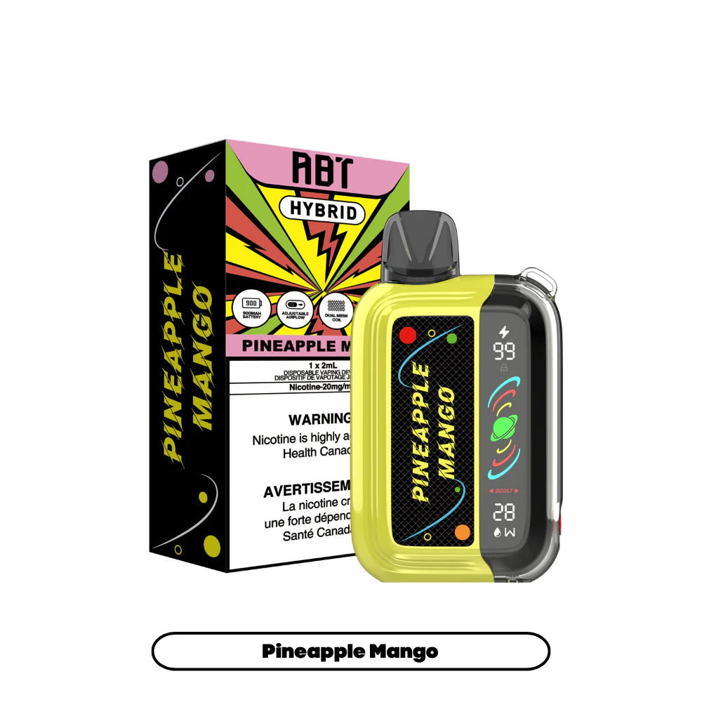 The ABT Hybrid Pineapple Mango disposable vape device stands next to its matching yellow and black product box, featuring a digital display screen, a 900mAh battery icon, and a dual mesh coil label on a clean white background.