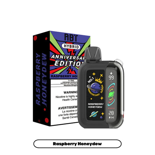 The ABT Hybrid Raspberry Honeydew disposable vape stands next to its colorful product packaging, featuring a black device with a digital display screen showing battery and power levels, decorated with space-themed graphics and an anniversary edition logo.