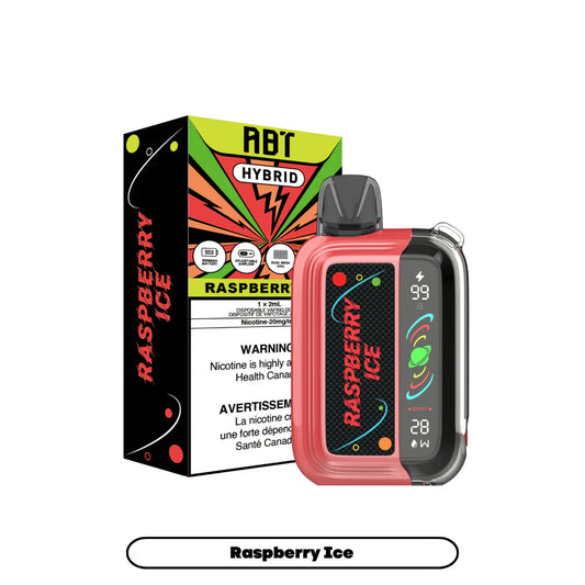 An ABT Hybrid Raspberry Ice disposable vape device sits in front of its matching black and neon-colored product box, featuring a digital display screen showing battery and power settings against a red and black casing.