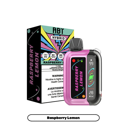 An ABT Hybrid Raspberry Lemon disposable vape device in pink and black sits next to its matching product box, which features a colorful graphic design and displays technical specifications like a 900mAh battery and dual mesh coil.