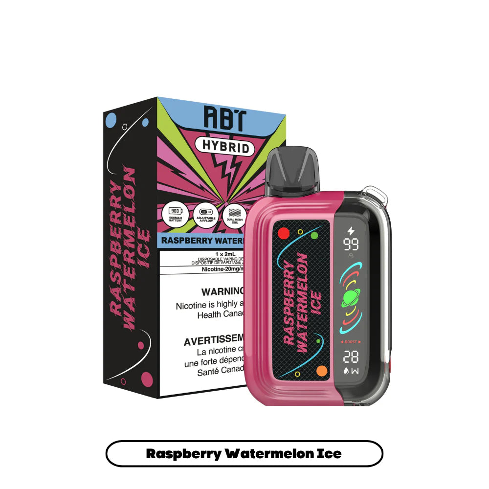An ABT Hybrid disposable vape in Raspberry Watermelon Ice flavor stands next to its matching black and pink packaging, featuring a digital display screen showing 99 percent battery and 28 watts on a pink and transparent device body.
