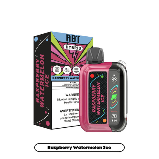 An ABT Hybrid disposable vape in Raspberry Watermelon Ice flavor stands next to its matching black and pink packaging, featuring a digital display screen showing 99 percent battery and 28 watts on a pink and transparent device body.