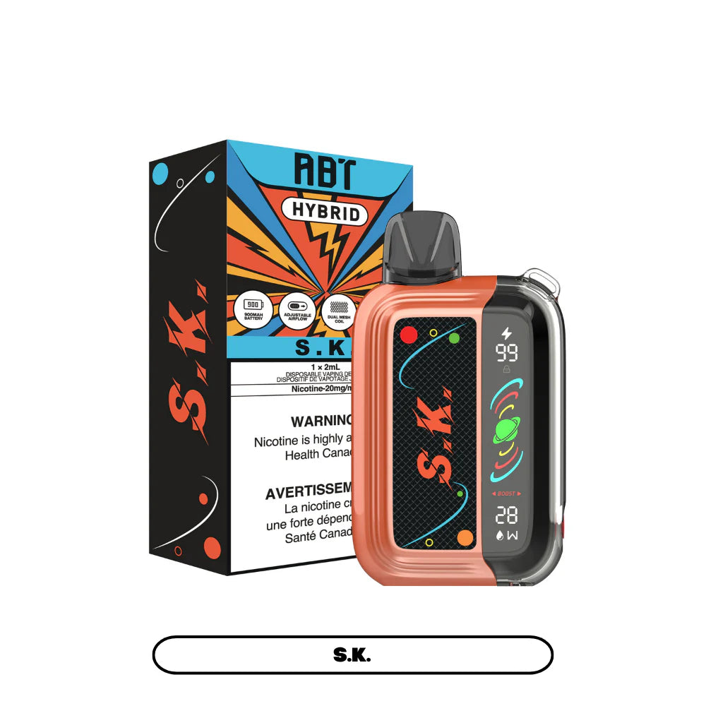 An orange and black ABT Hybrid S.K. disposable vape device stands next to its matching retail box, featuring a digital display showing battery and wattage levels, a dual mesh coil icon, and Health Canada nicotine warning text.