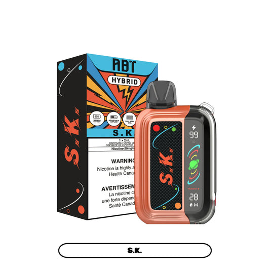 An orange and black ABT Hybrid S.K. disposable vape device stands next to its matching retail box, featuring a digital display showing battery and wattage levels, a dual mesh coil icon, and Health Canada nicotine warning text.