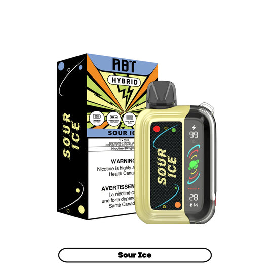 ABT Hybrid Sour Ice disposable vape device in a pale yellow and black finish next to its matching product box featuring a colorful graphic design with text including 900mAh battery, adjustable airflow, and dual mesh coil specifications.