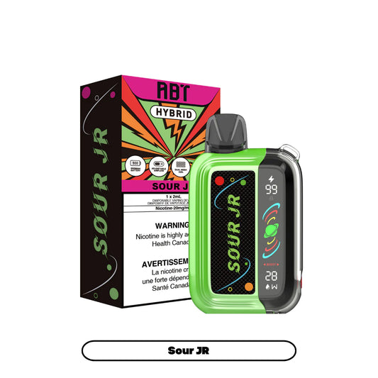 An ABT Hybrid Sour JR disposable vape device in bright green with a digital display screen shown next to its matching black and neon-colored product packaging.