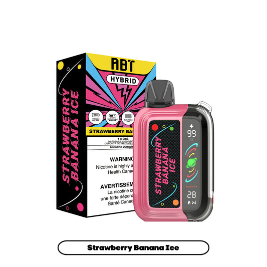 An ABT Hybrid Strawberry Banana Ice disposable vape device in pink and black sits next to its matching product packaging, which features a 900mAh battery, adjustable airflow, and dual mesh coil icons against a colorful graphic background.