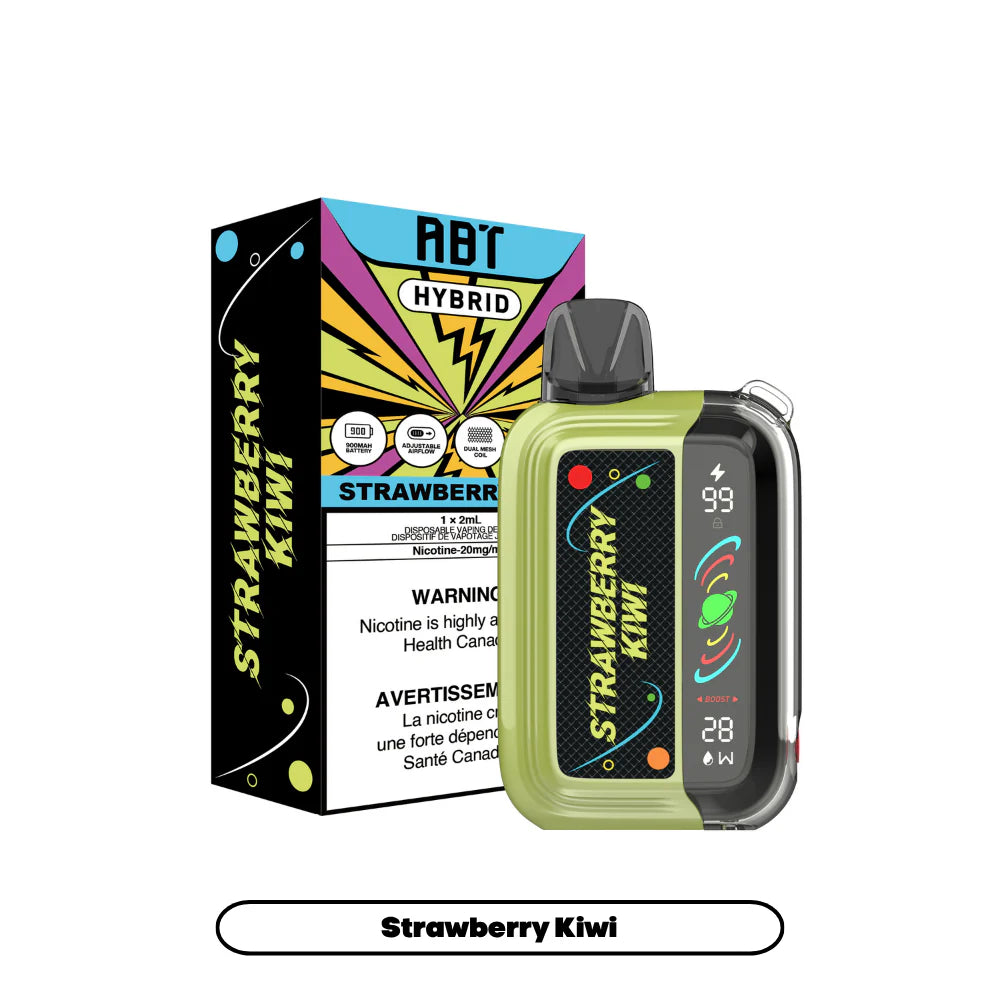 An ABT Hybrid Strawberry Kiwi disposable vape device stands next to its matching black and colorful packaging, featuring a digital display screen, a green casing, and visible text including the flavor name, nicotine warning, and technical specifications.
