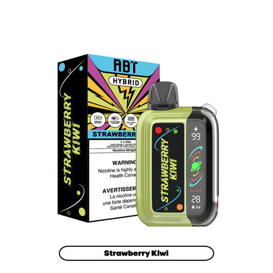 An ABT Hybrid Strawberry Kiwi disposable vape device stands next to its matching black and colorful packaging, featuring a digital display screen, a green casing, and visible text including the flavor name, nicotine warning, and technical specifications.
