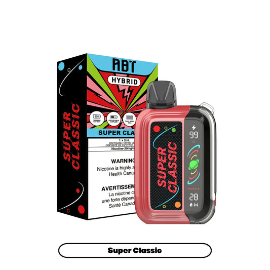 ABT Hybrid Super Classic disposable vape device in red and black with a digital display screen showing battery and power settings, positioned next to its matching branded cardboard packaging box.