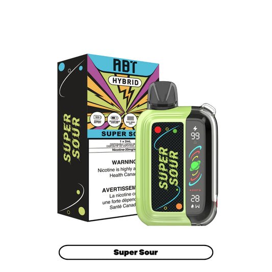 A lime green ABT Hybrid Super Sour disposable vape device with a digital display screen sits next to its matching black and colorful patterned product box.