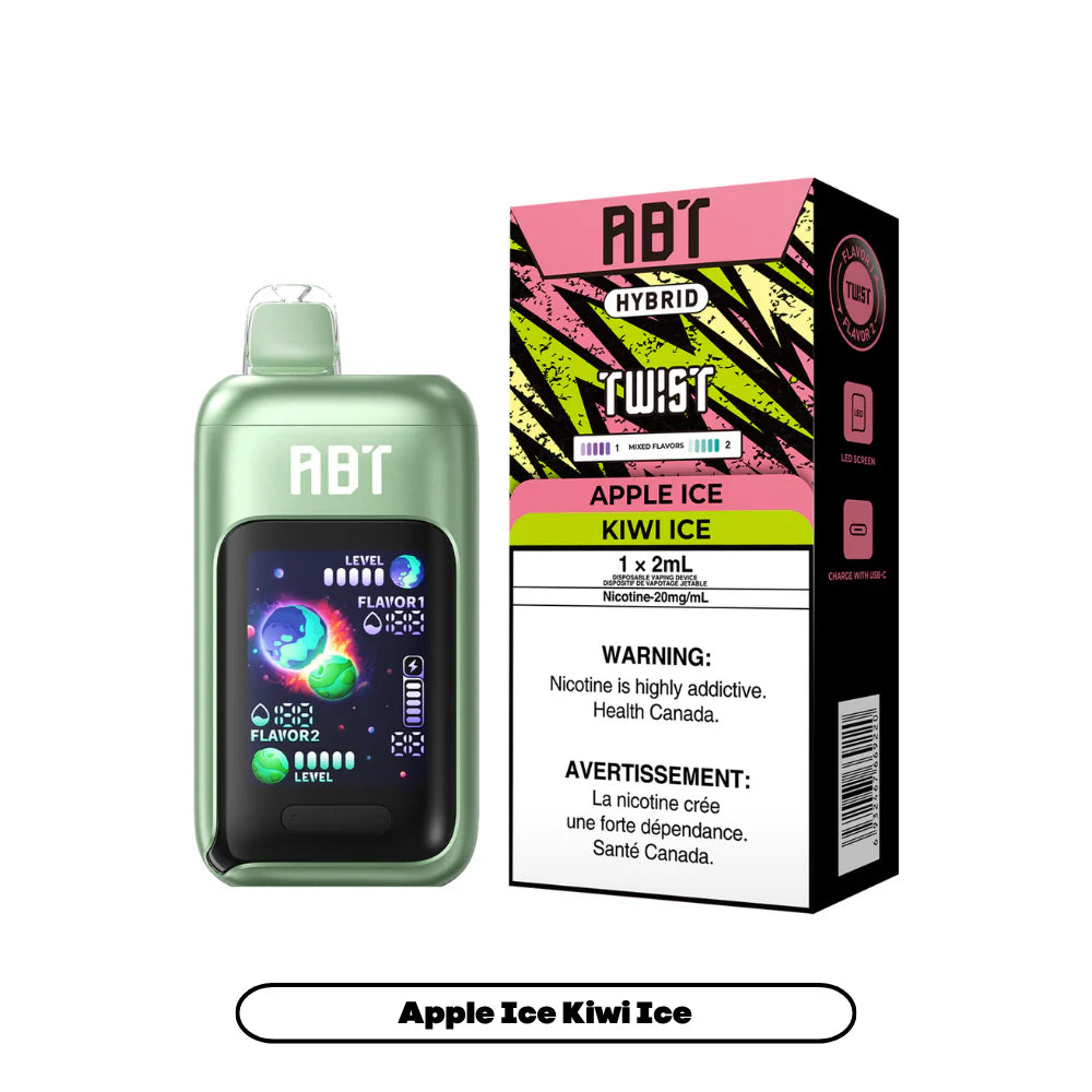 An ABT Hybrid Twist disposable vape device in light green sits next to its matching product box, which features a pink and yellow graphic design, the text Apple Ice and Kiwi Ice, and a nicotine warning label.