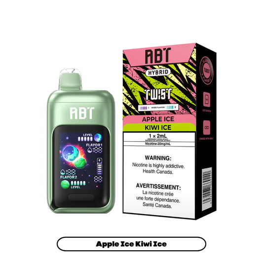 An ABT Hybrid Twist disposable vape device in light green sits next to its matching product box, which features a pink and yellow graphic design, the text Apple Ice and Kiwi Ice, and a nicotine warning label.