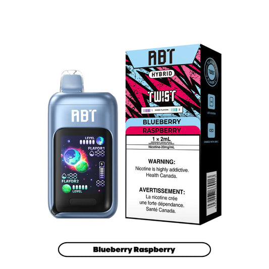 An ABT Hybrid Twist disposable vape device in metallic blue stands next to its matching black and pink packaging, which features the flavor label Blueberry Raspberry, a 20mg/mL nicotine warning, and a digital screen display on the device.