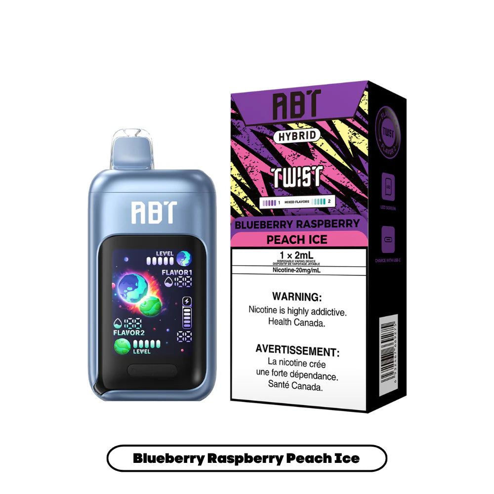 A blue ABT Hybrid Twist disposable vape device with a digital screen stands next to its matching purple and black packaging box, which displays the flavor names Blueberry Raspberry and Peach Ice along with a nicotine warning.