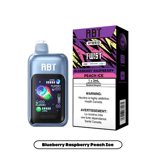 A blue ABT Hybrid Twist disposable vape device with a digital screen stands next to its matching purple and black packaging box, which displays the flavor names Blueberry Raspberry and Peach Ice along with a nicotine warning.