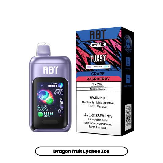 A purple ABT Hybrid Twist disposable vape device with a digital display screen shown next to its matching retail packaging box, which features a black, blue, and pink graphic design and specifies a 20mg/mL nicotine concentration.
