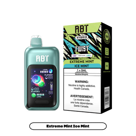 An ABT Hybrid Twist disposable vape device in metallic mint green stands next to its matching product box, which features a black and green graphic design, the flavor name Extreme Mint Ice Mint, and a Health Canada nicotine warning label.