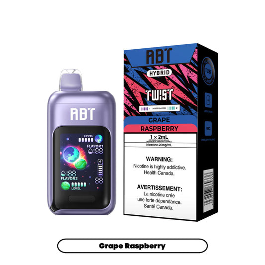 A purple ABT Hybrid Twist disposable vape device with a digital screen sits next to its matching product box, which features a black, blue, and pink graphic design and displays the flavor name Grape Raspberry along with Health Canada nicotine warning labels.