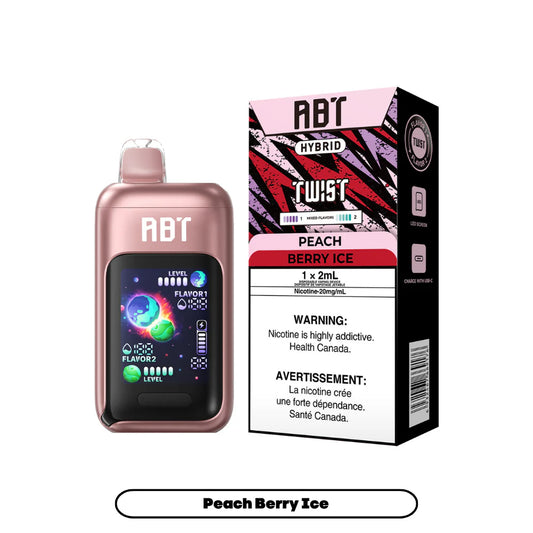 A rose gold ABT Hybrid Twist disposable vape device with a digital display screen stands next to its matching pink and black packaging box labeled Peach Berry Ice, featuring a 20mg/mL nicotine warning and USB-C charging icon.