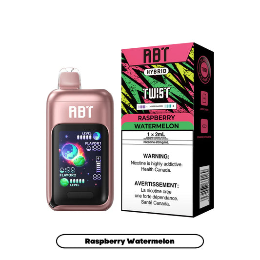 A rose gold ABT Hybrid Twist disposable vape device with a digital display screen sits next to its matching black and pink packaging box labeled Raspberry Watermelon with 20mg/mL nicotine content.