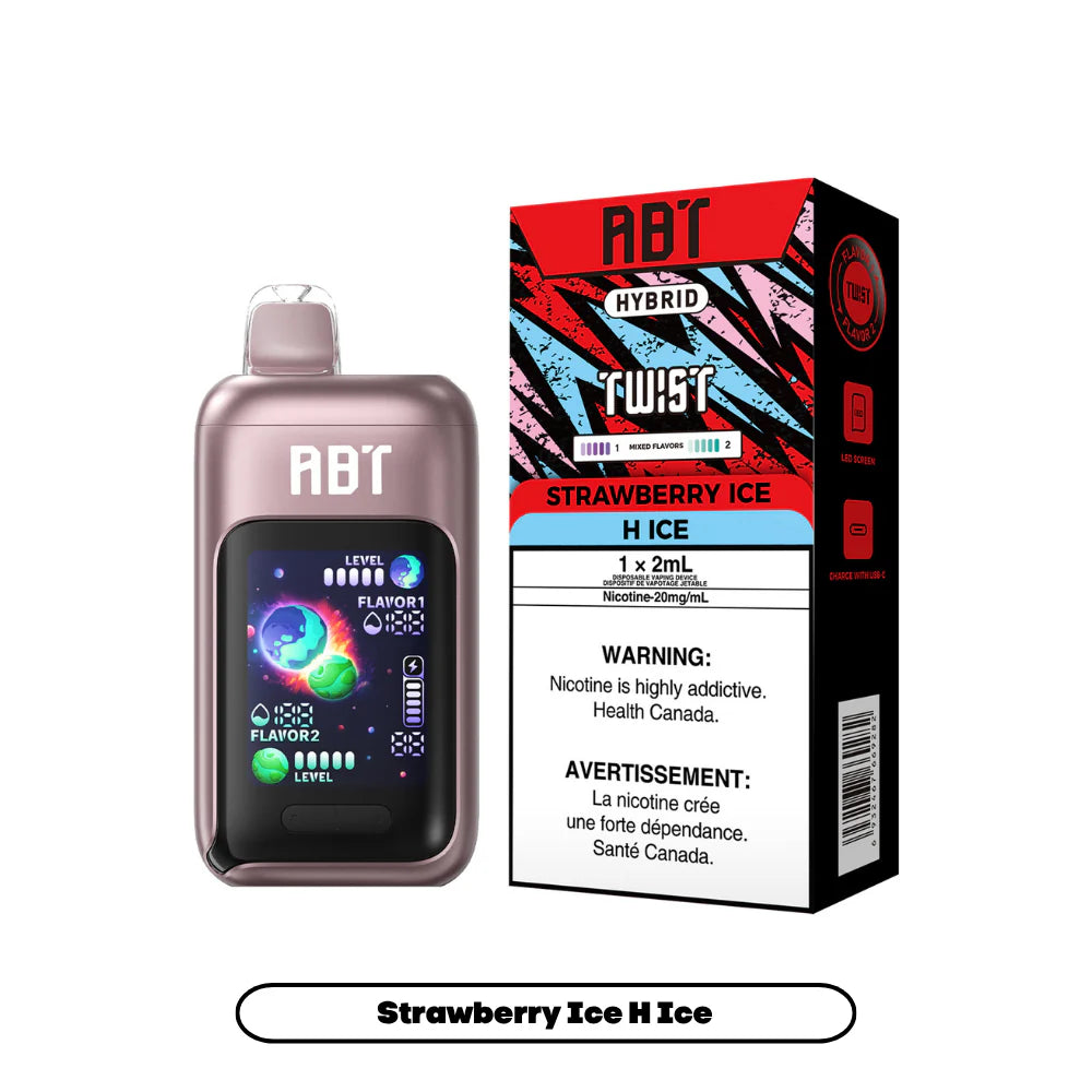 A rose gold ABT Hybrid Twist disposable vape device with a digital display screen stands next to its black and red product packaging, which features the flavor names Strawberry Ice and H Ice along with mandatory nicotine health warnings.