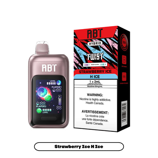 A rose gold ABT Hybrid Twist disposable vape device with a digital display screen stands next to its black and red product packaging, which features the flavor names Strawberry Ice and H Ice along with mandatory nicotine health warnings.