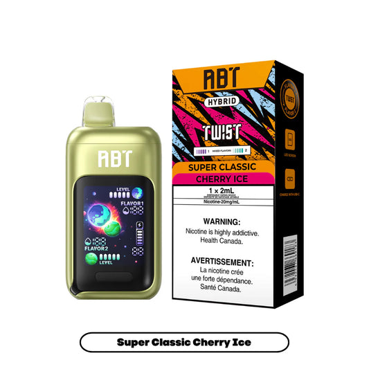 A light green ABT Hybrid Twist disposable vape device with a digital display screen sits next to its matching black and orange packaging box, which features the text Super Classic Cherry Ice and a nicotine health warning.