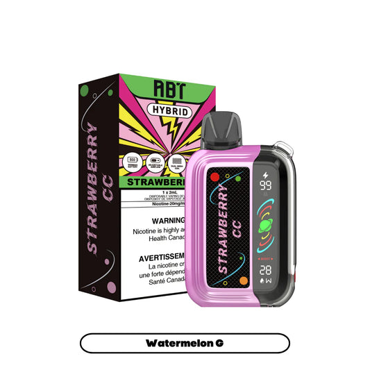 The ABT Hybrid Watermelon G disposable vape is displayed next to its black and pink packaging, featuring a digital screen showing a 99 percent battery level and 28 watts, with the device itself designed in a glossy pink and transparent finish.