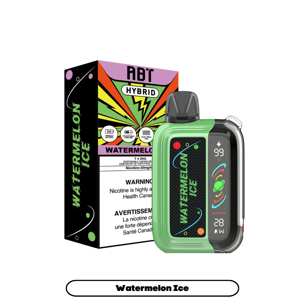 ABT Hybrid Watermelon Ice disposable vape device in green next to its matching product box, featuring a digital display screen showing battery and power levels against a plain white background.