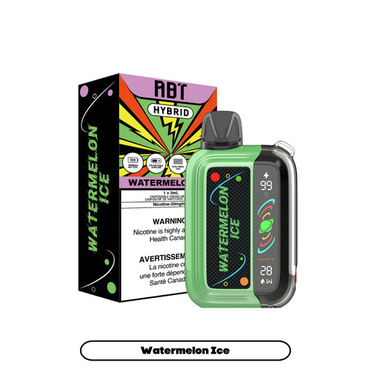 ABT Hybrid Watermelon Ice disposable vape device in green next to its matching product box, featuring a digital display screen showing battery and power levels against a plain white background.