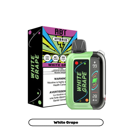 An ABT Hybrid White Grape disposable vape device with a digital display screen sits next to its matching purple and green packaging box against a plain white background.