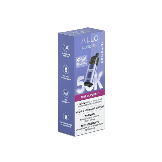 Packaging for the Allo Nuud 50K Intense Blue Raspberry disposable vape featuring a purple box with product specifications and a health warning.