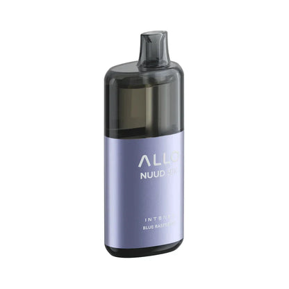 An ALLO NUUD 50K Intense Blue Raspberry disposable vape featuring a metallic light purple body with a translucent black mouthpiece and top section.