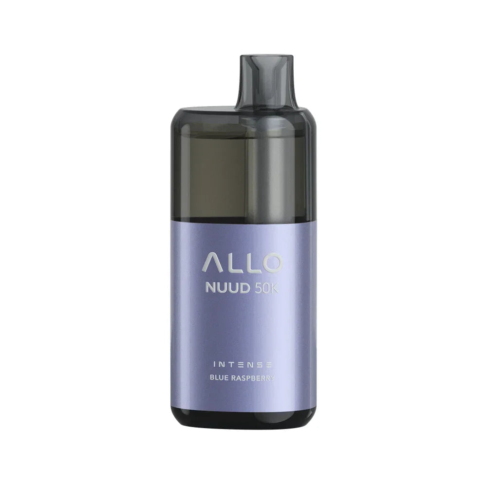 An ALLO NUUD 50K Intense Blue Raspberry disposable vape featuring a metallic light purple body with a translucent grey mouthpiece and top section.