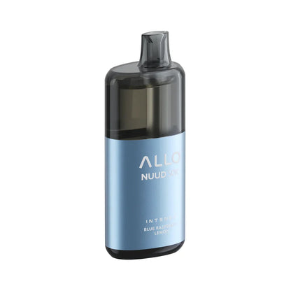 Allo Nuud 50K Intense Blue Raspberry Lemon disposable vape featuring a light blue metallic body with a translucent black mouthpiece and top section.