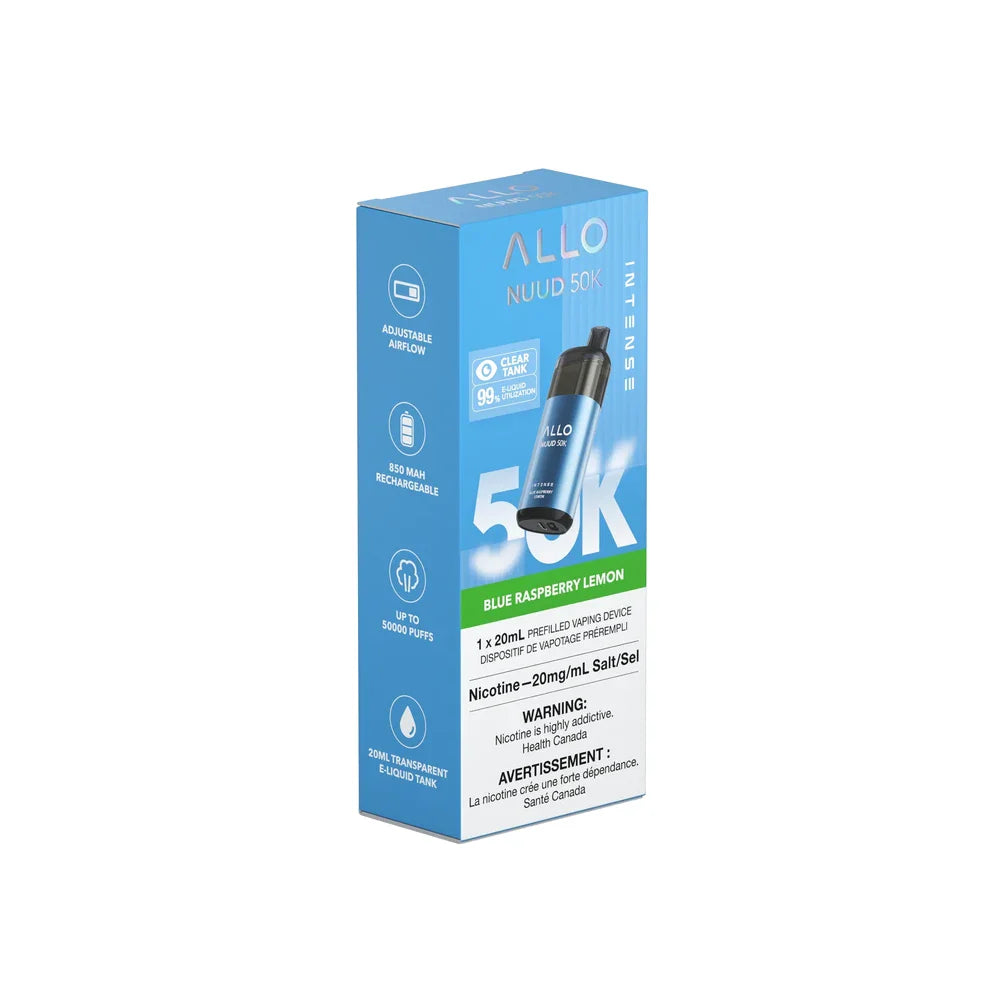 The ALLO NUUD 50K Intense Blue Raspberry Lemon disposable vape is shown in its light blue cardboard packaging, featuring a clear tank design and text indicating 50,000 puffs and 20mg/mL nicotine salt.
