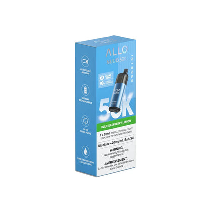 The ALLO NUUD 50K Intense Blue Raspberry Lemon disposable vape is shown in its light blue cardboard packaging, featuring a clear tank design and text indicating 50,000 puffs and 20mg/mL nicotine salt.
