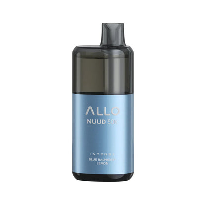 An ALLO NUUD 50K Intense Blue Raspberry Lemon disposable vape featuring a light blue metallic body with a translucent dark grey top and mouthpiece.