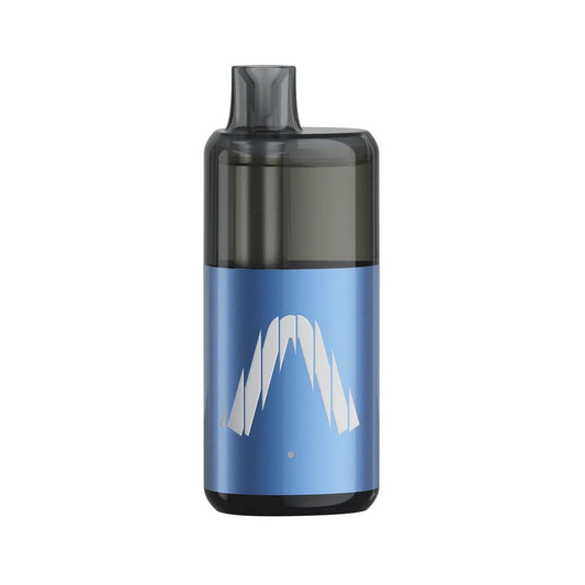 A blue ALLO NUUD 50K INTENSE Blueberry Ice disposable vape device with a translucent black mouthpiece and tank, featuring a stylized white mountain logo on the front against a plain white background.