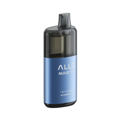 An ALLO NUUD 50K INTENSE disposable vape in a metallic blue finish with a dark translucent mouthpiece, featuring the text ALLO, NUUD 50K, INTENSE, and BLUEBERRY ICE printed on the front against a plain white background.