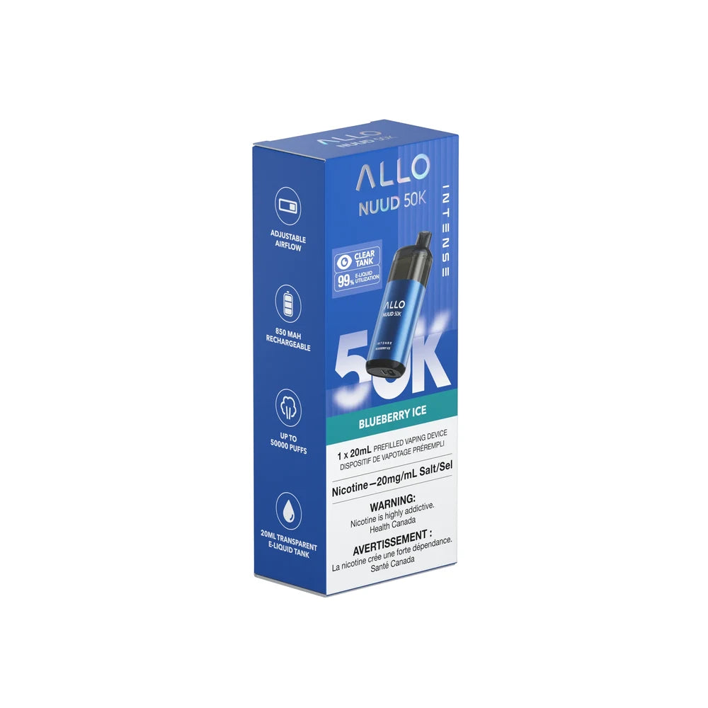 A blue product box for an Allo Nuud 50K Intense Blueberry Ice disposable vape stands against a solid background, displaying the device, flavor name, 20mg/mL nicotine content, and key features like adjustable airflow and a 20mL transparent tank.