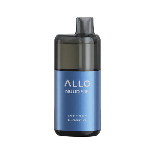 A studio shot of an ALLO NUUD 50K Intense Blueberry Ice disposable vape featuring a metallic blue body and a translucent black mouthpiece against a white background.