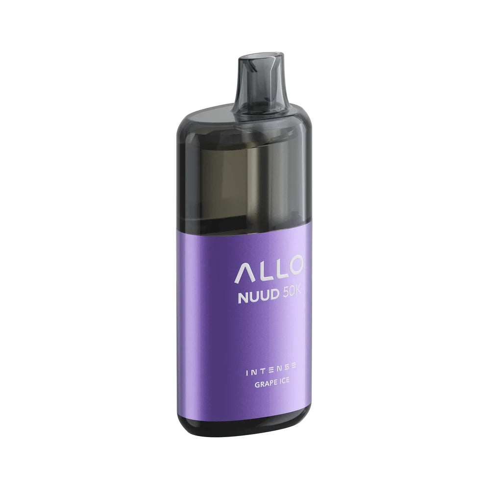 An ALLO NUUD 50K Intense Grape Ice disposable vape featuring a purple metallic body with a translucent black mouthpiece and top section.