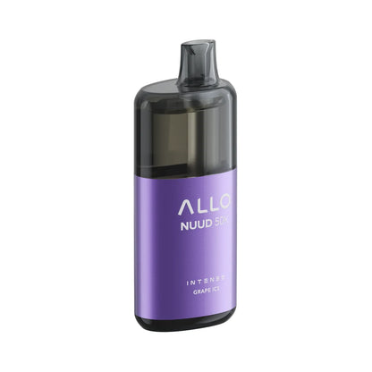 An ALLO NUUD 50K Intense Grape Ice disposable vape featuring a purple metallic body with a translucent black mouthpiece and top section.