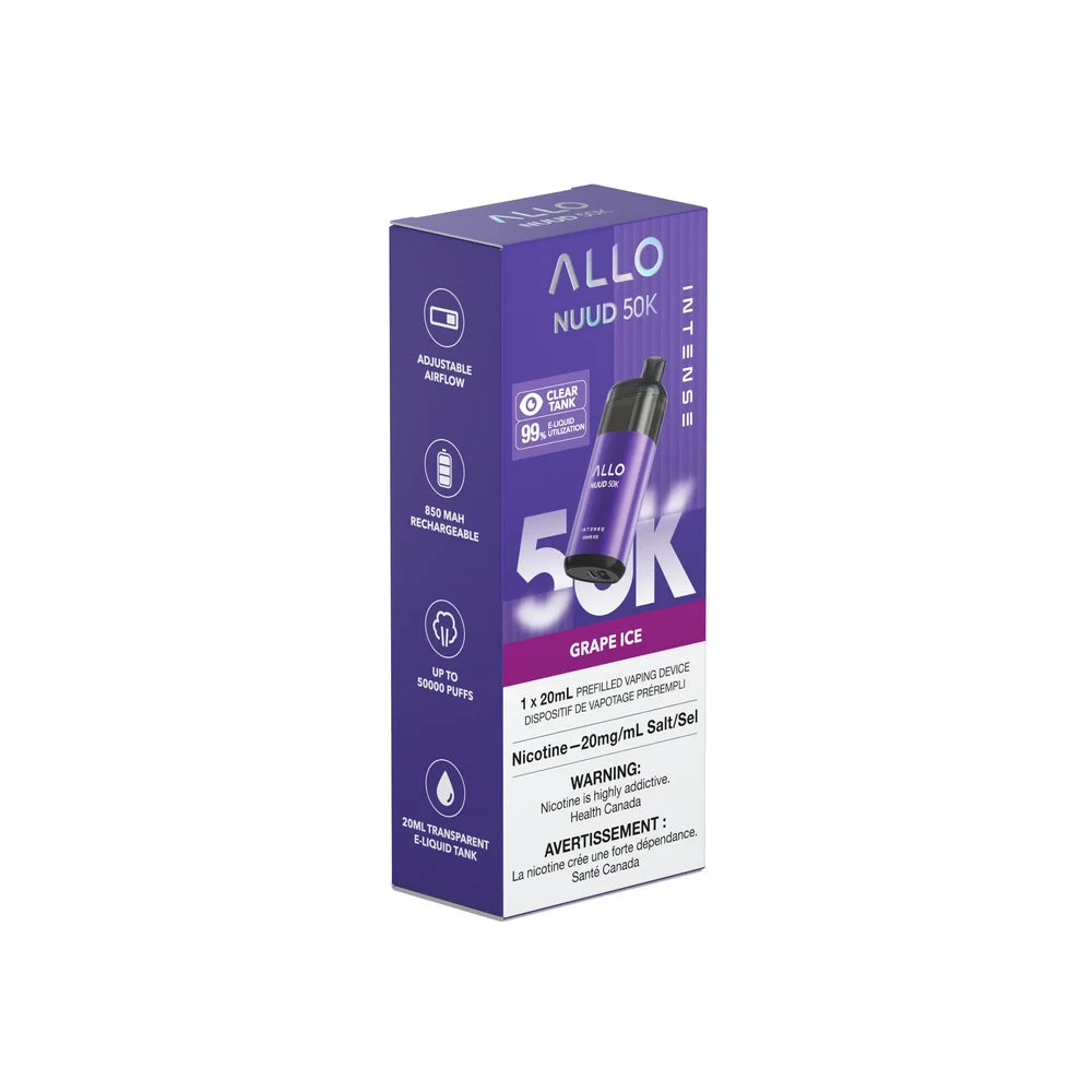 A purple box for the Allo Nuud 50K Intense Grape Ice disposable vape featuring a clear tank, 850 mAh rechargeable battery, and 20mL of e-liquid.