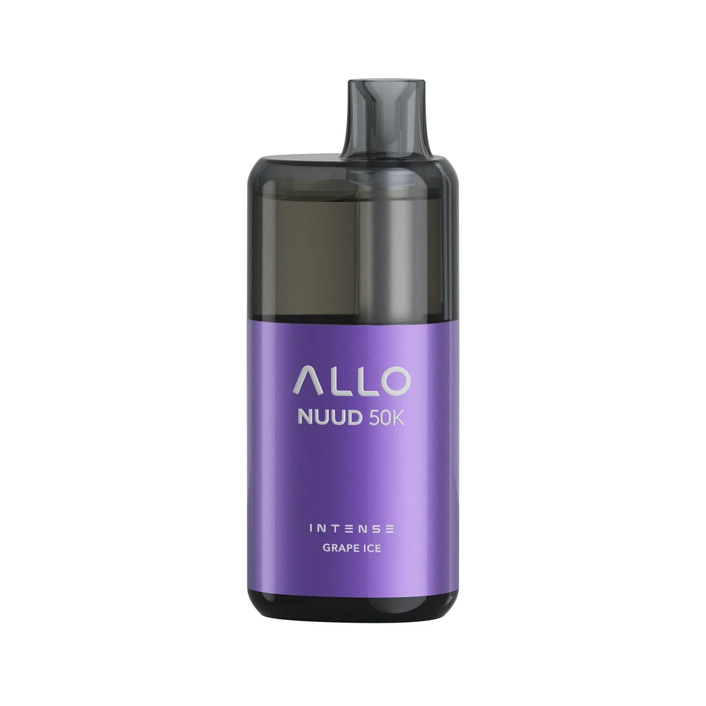 An ALLO NUUD 50K disposable vape device in a purple finish with a translucent black mouthpiece, featuring the text ALLO NUUD 50K INTENSE GRAPE ICE on the front against a plain white background.