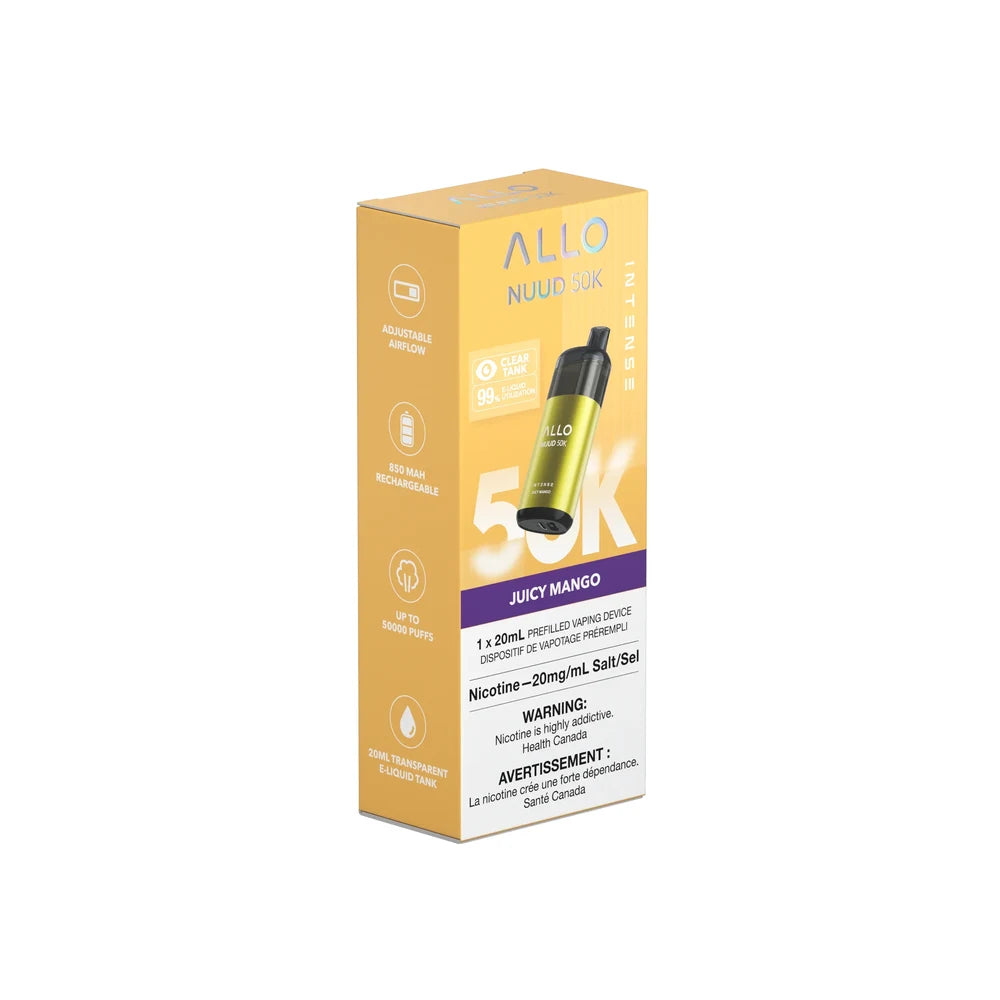 A yellow and purple box for the Allo Nuud 50K Intense Juicy Mango disposable vape featuring product specifications and a health warning label.