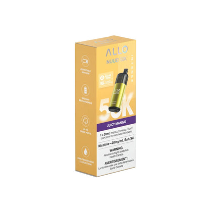 A yellow and purple box for the Allo Nuud 50K Intense Juicy Mango disposable vape featuring product specifications and a health warning label.